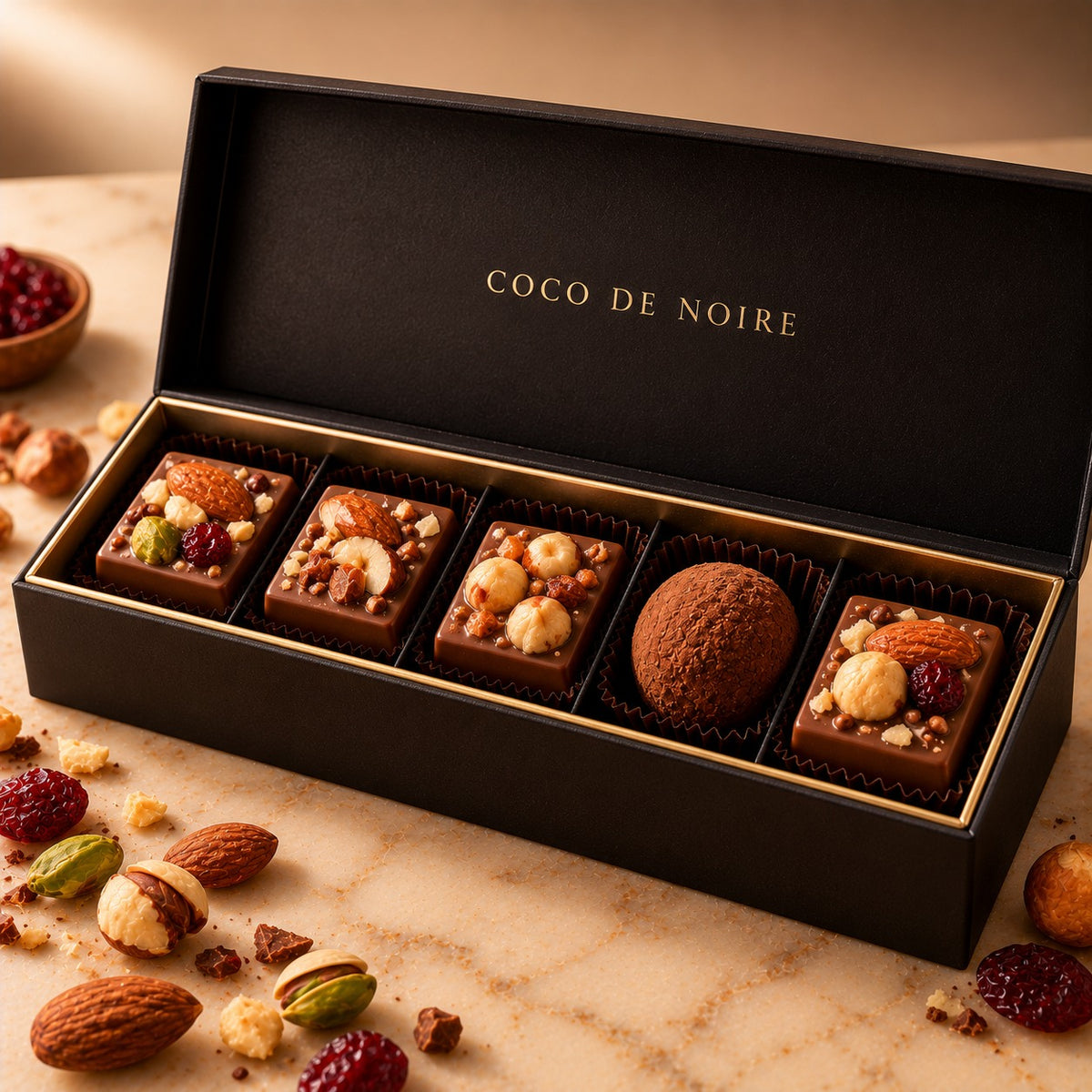 Noire Discovery: an open COCO DE NOIRE box of five assorted chocolates