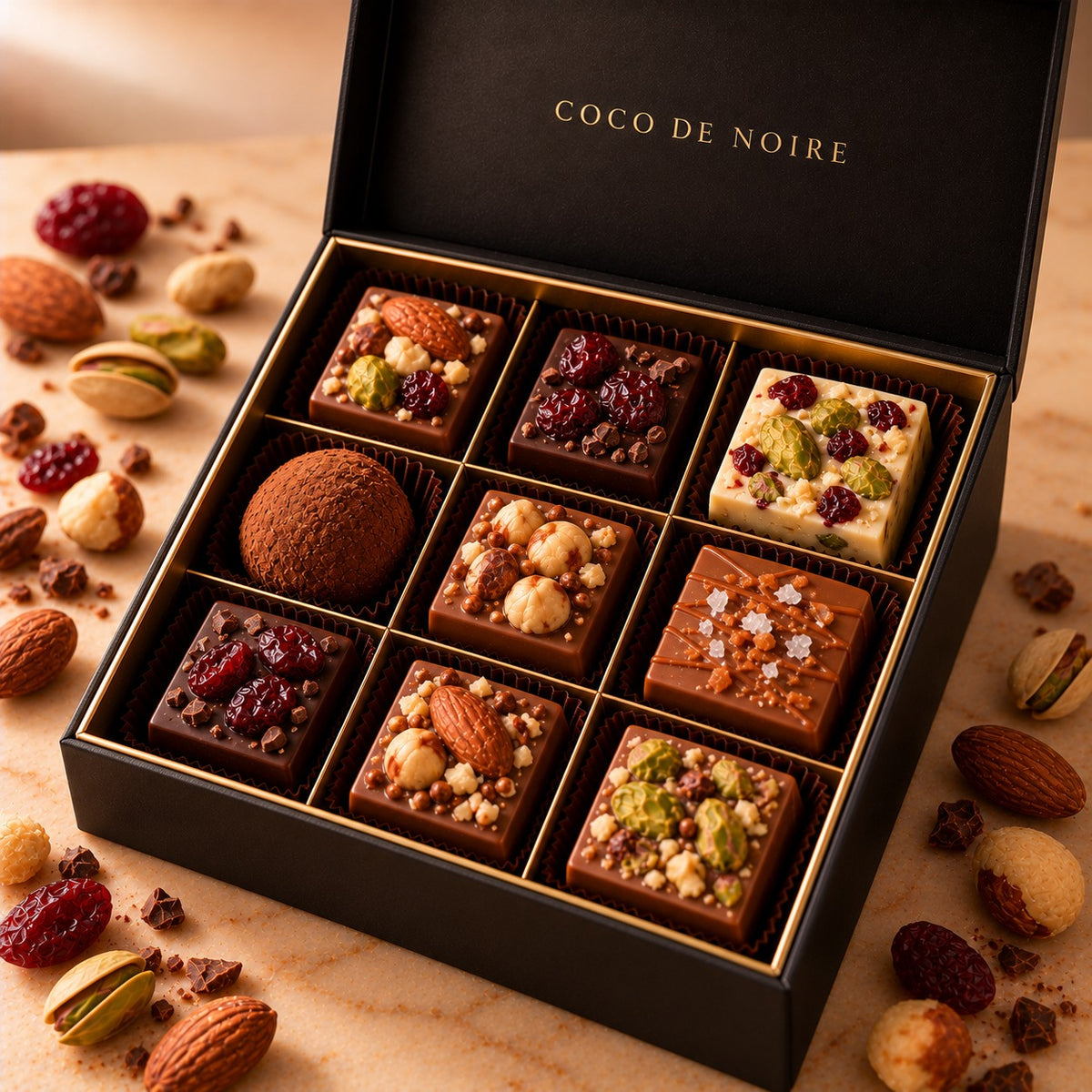 Noire Grand: an open COCO DE NOIRE box of nine assorted chocolates