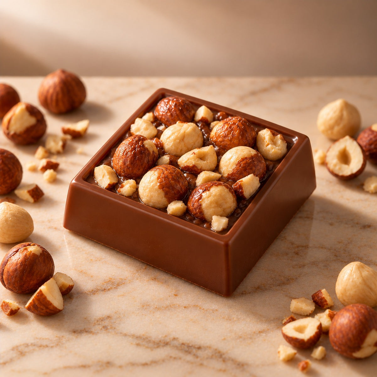 Noire Hazel: a 20 g milk chocolate square filled with roasted hazelnuts