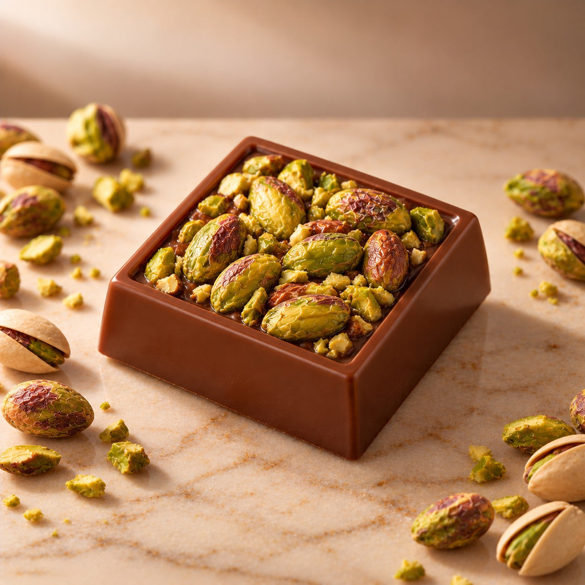 Noire Pista: a 20 g milk chocolate square filled with whole pistachios