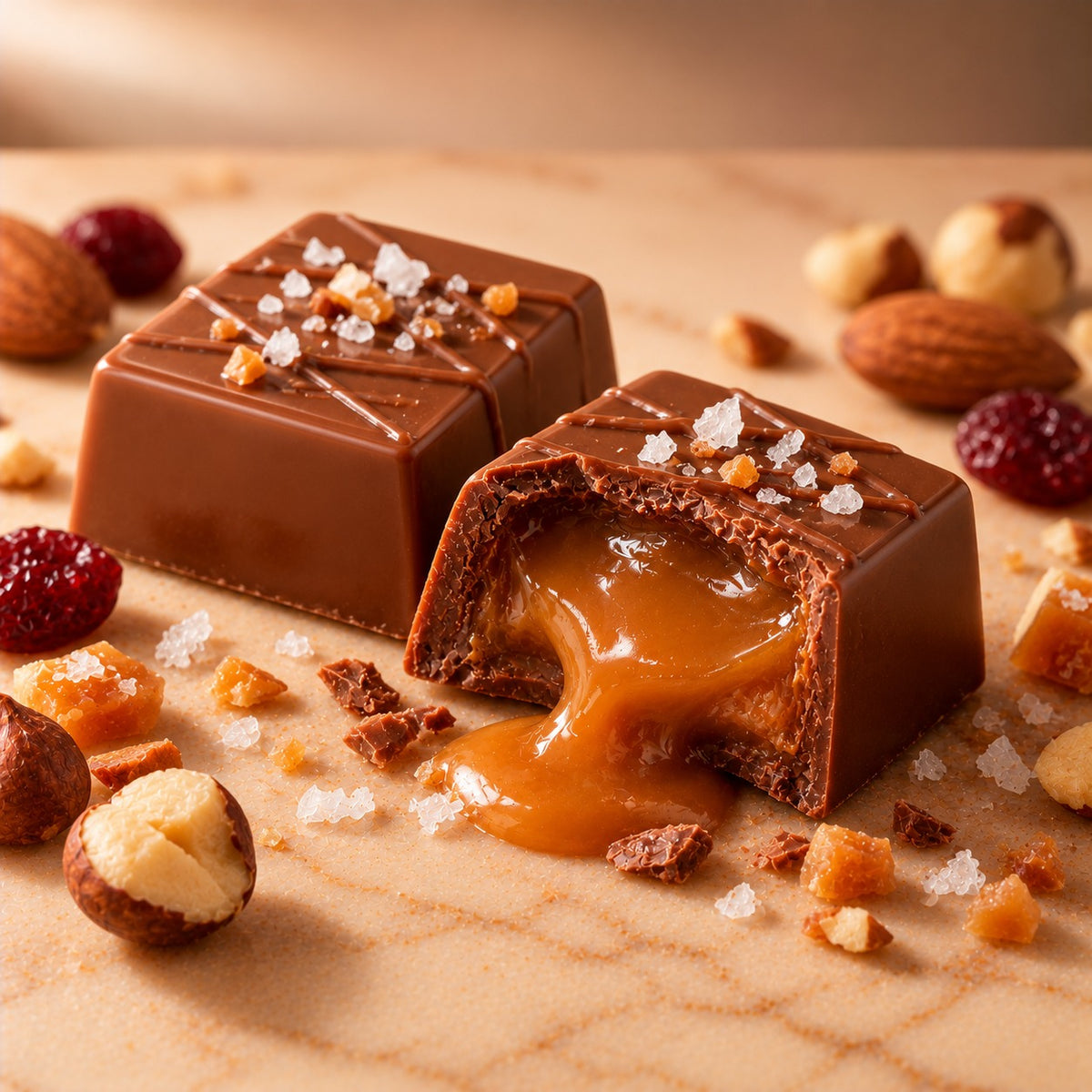 Noire Caramel: milk chocolate cut open with a salted caramel centre
