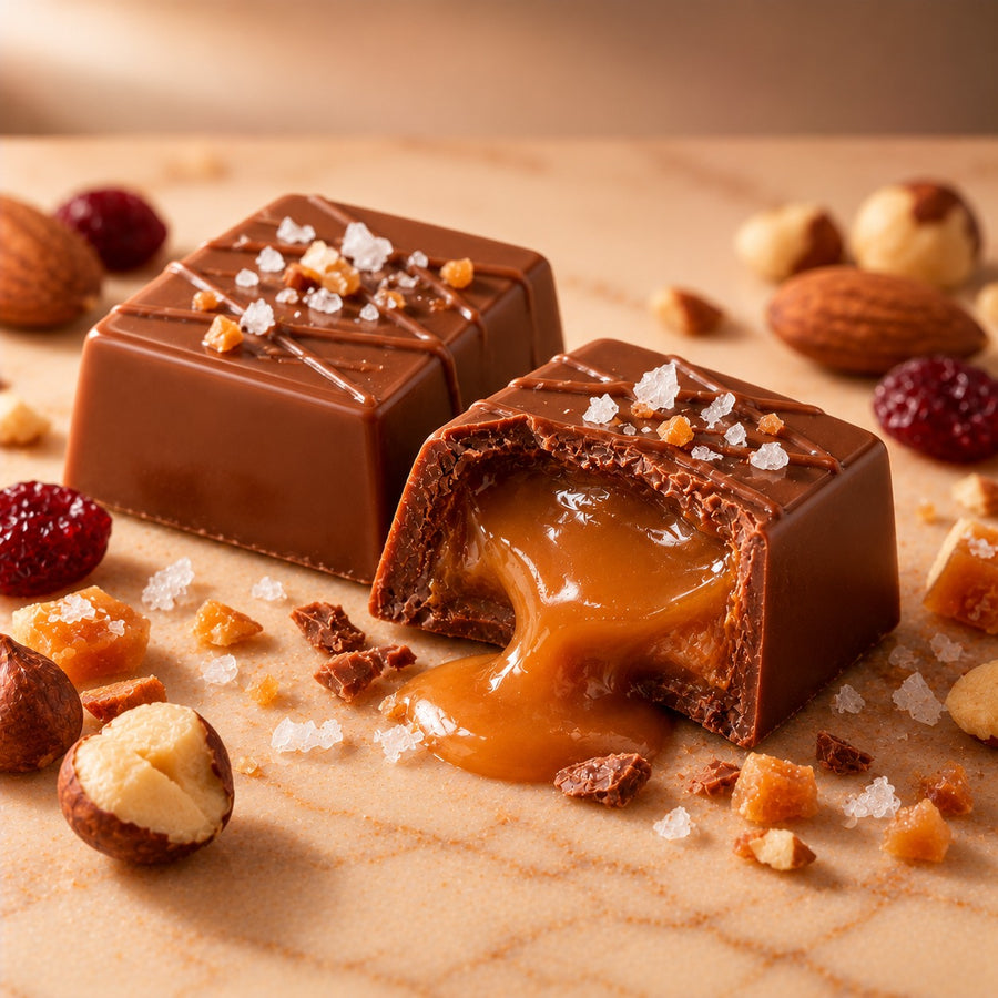 Noire Caramel: milk chocolate cut open with a salted caramel centre
