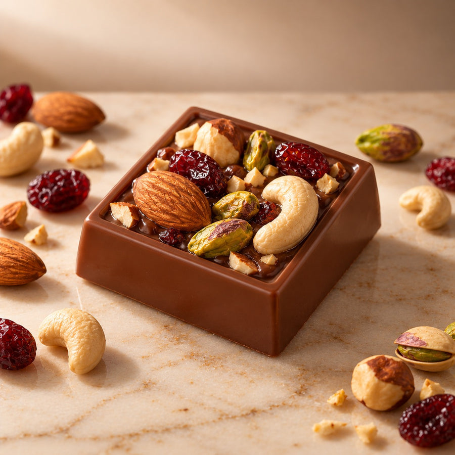 Noire Classic: a 20 g milk chocolate square filled with mixed nuts