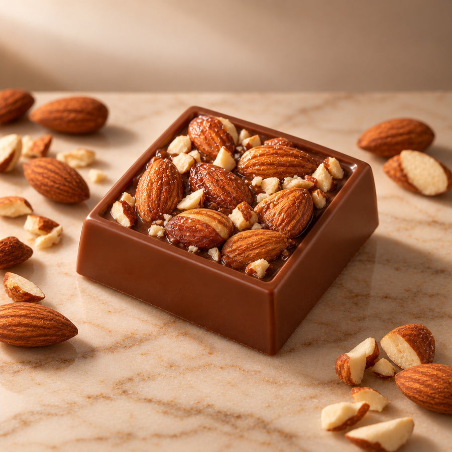 Noire Crunch: a 20 g milk chocolate square packed with roasted almonds
