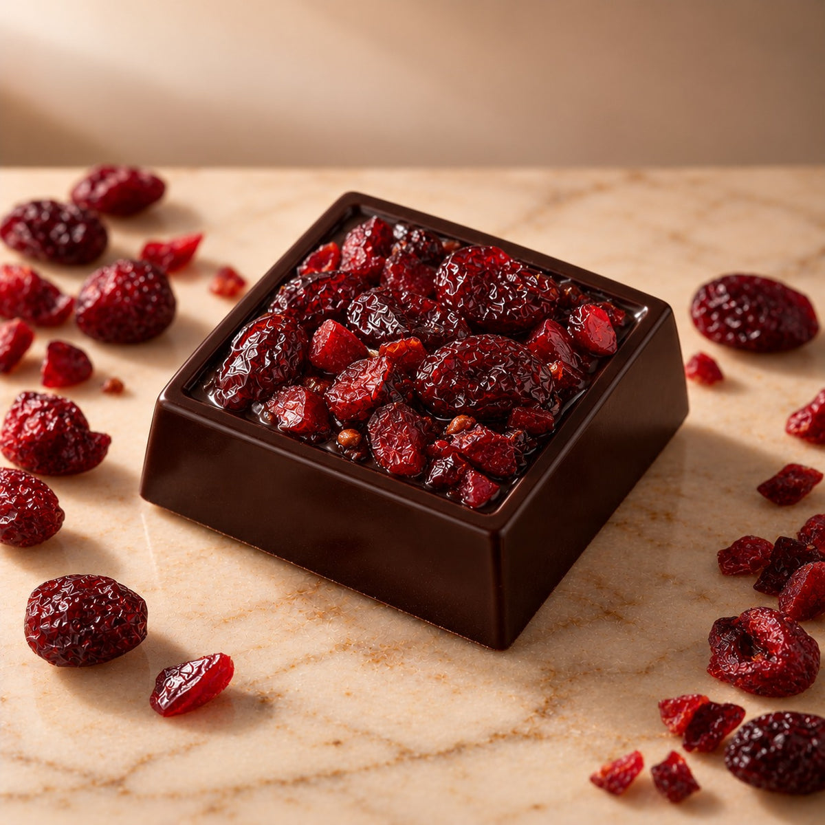 Noire Dark: a 20 g dark chocolate square topped with cranberries