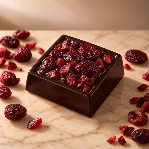 Noire Dark: a 20 g dark chocolate square topped with cranberries