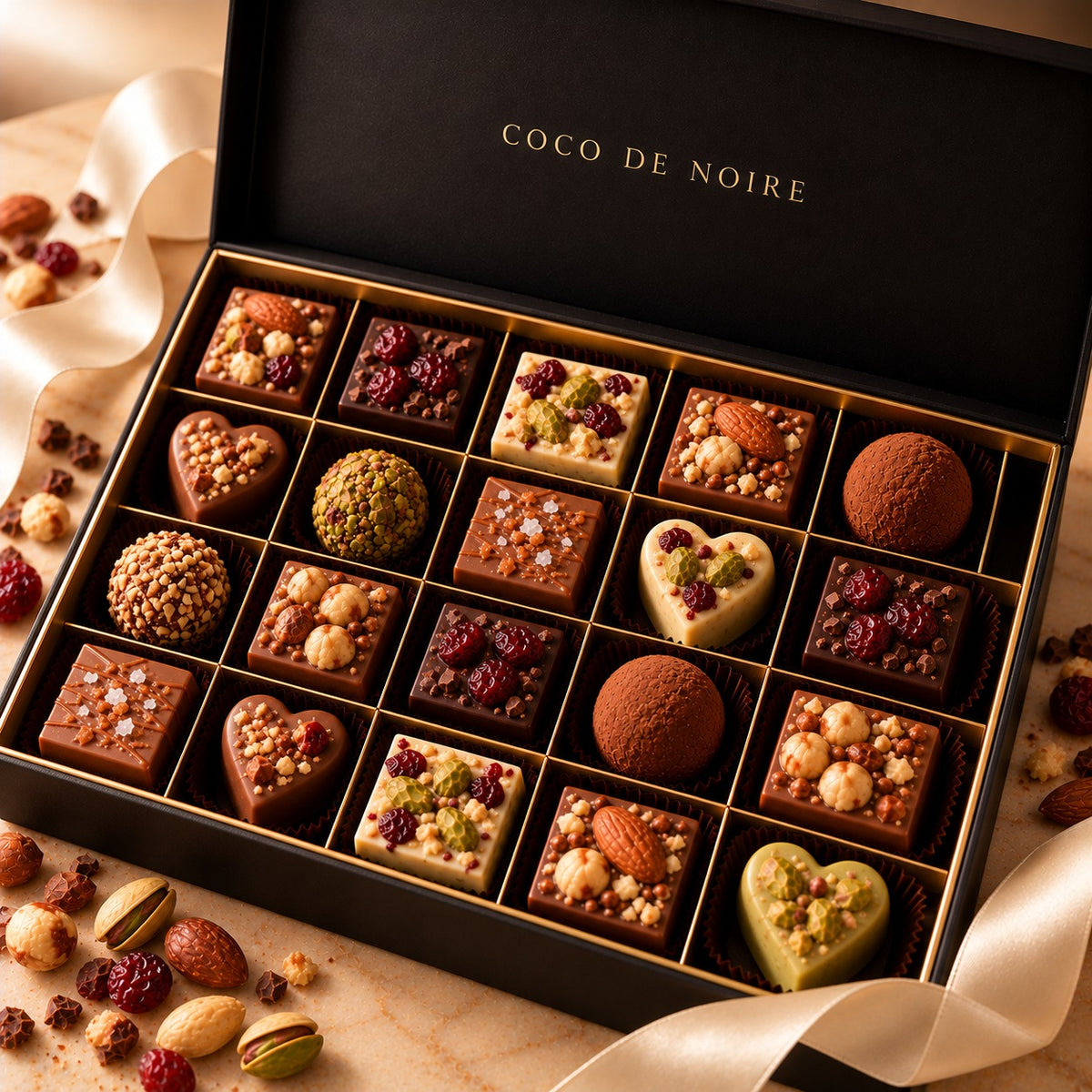 Noire Imperial: an open COCO DE NOIRE box of twenty assorted chocolates