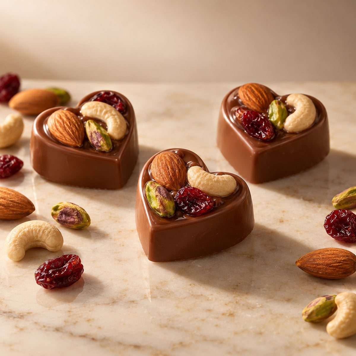 Noire Mini Classic: three 5 g milk chocolate hearts topped with mixed nuts and cranberries