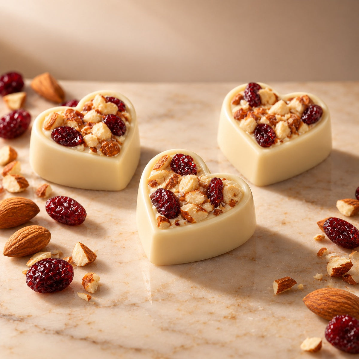 Noire Mini Crunch: 5 g white chocolate hearts with almond and cranberry