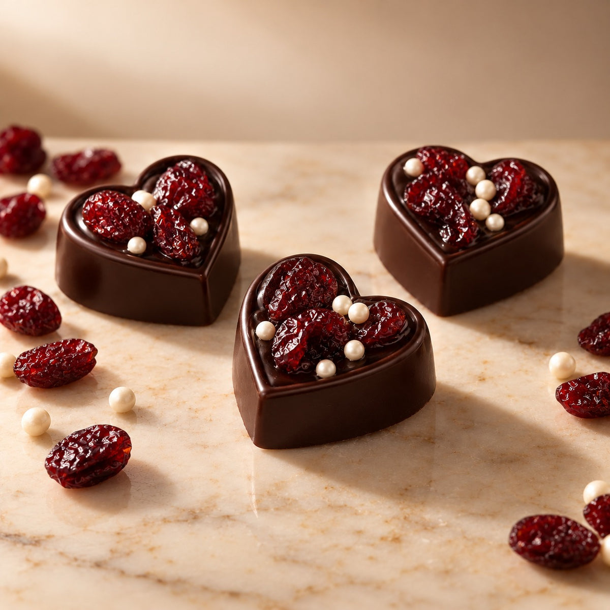 Noire Mini Dark: 5 g dark chocolate hearts topped with cranberries