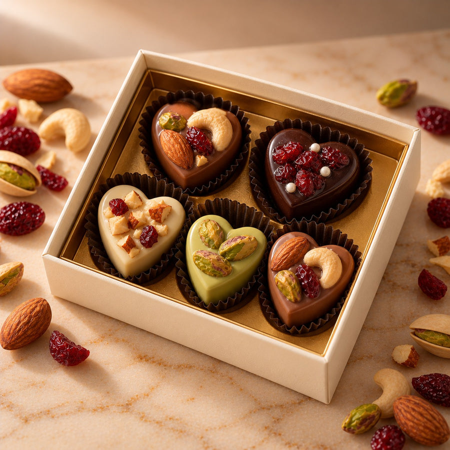 Noire Mini Mix: a small ivory box of five 5 g chocolate hearts