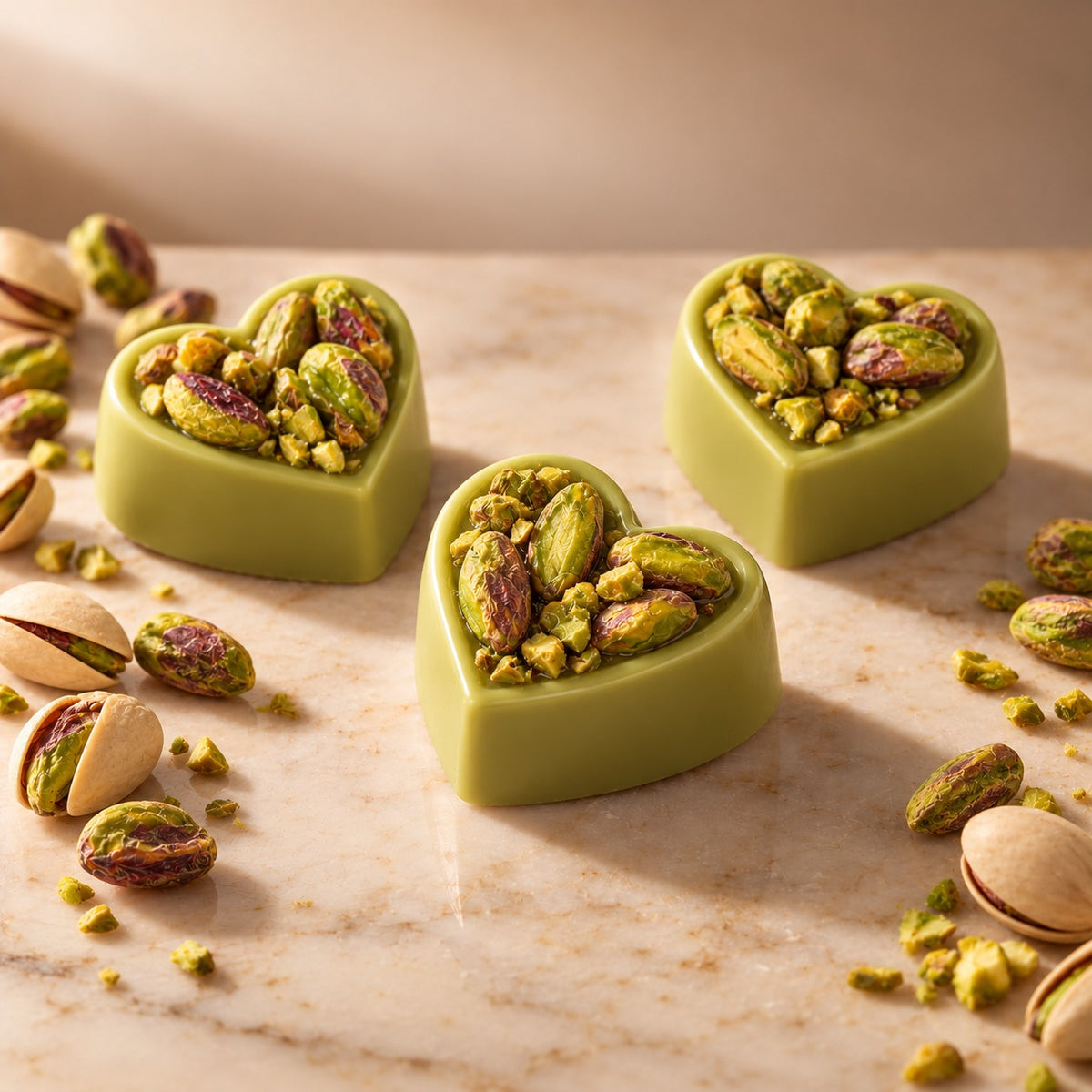 Noire Mini Pista: 5 g pistachio chocolate hearts topped with whole pistachios