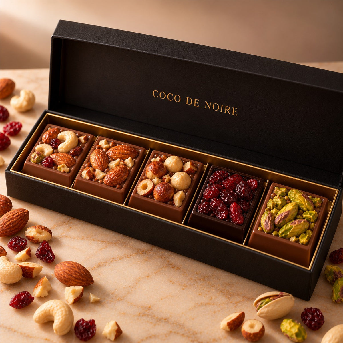 Noire Mix: an open black box of five 20 g chocolate squares