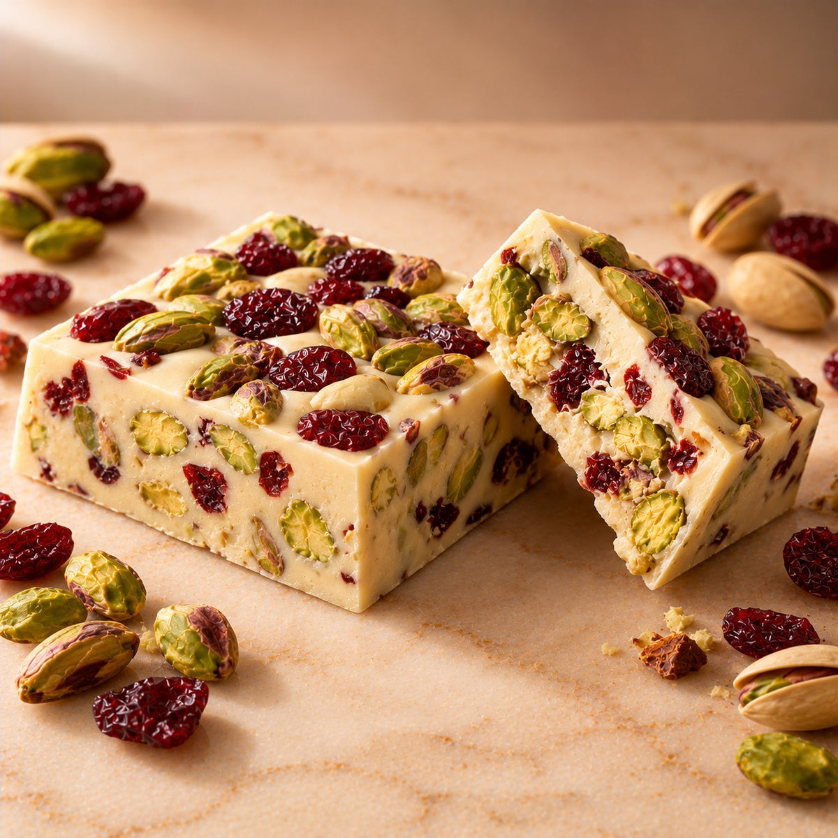 Noire Pistache: white chocolate blocks studded with pistachios and cranberries