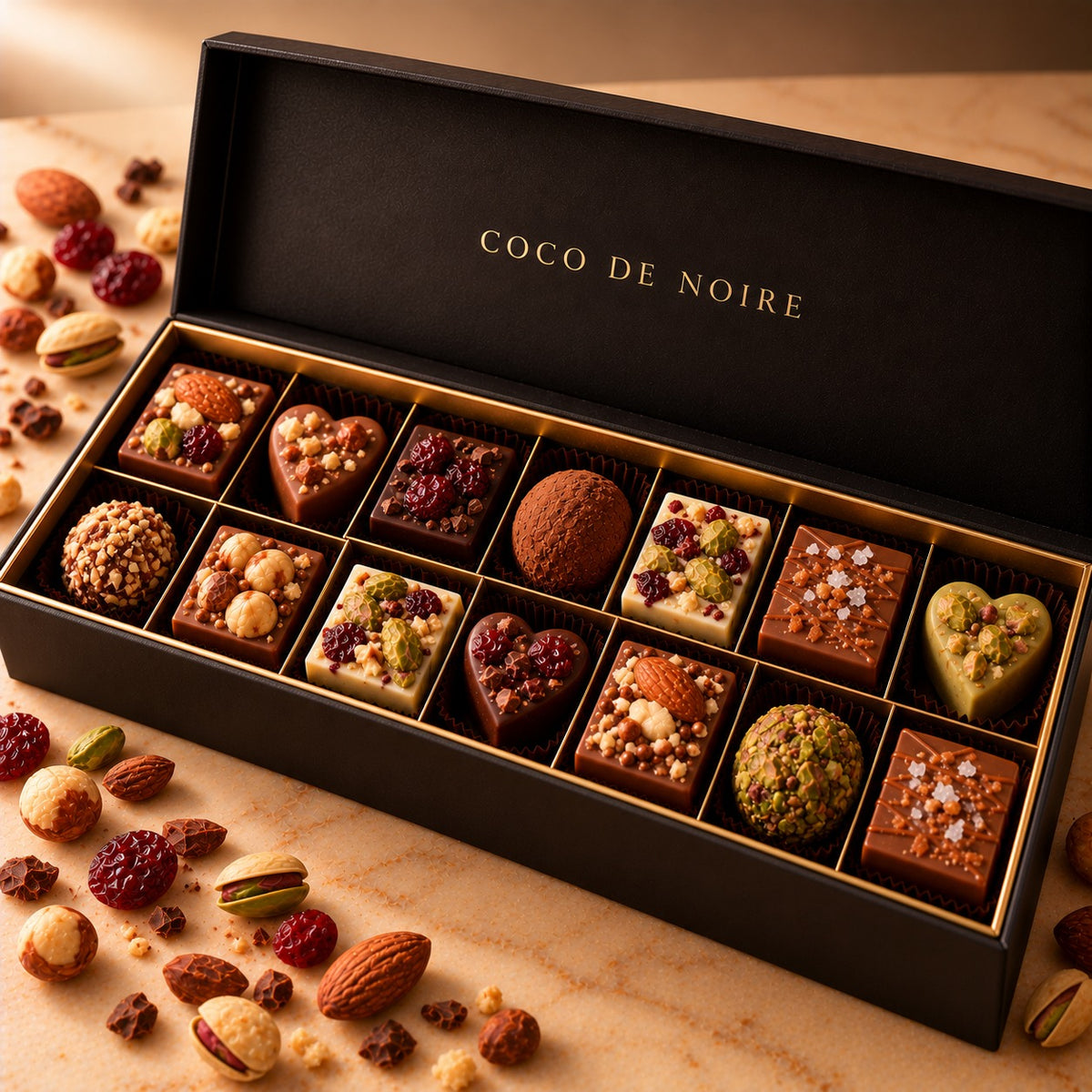 Noire Prestige: an open COCO DE NOIRE box of fourteen assorted chocolates