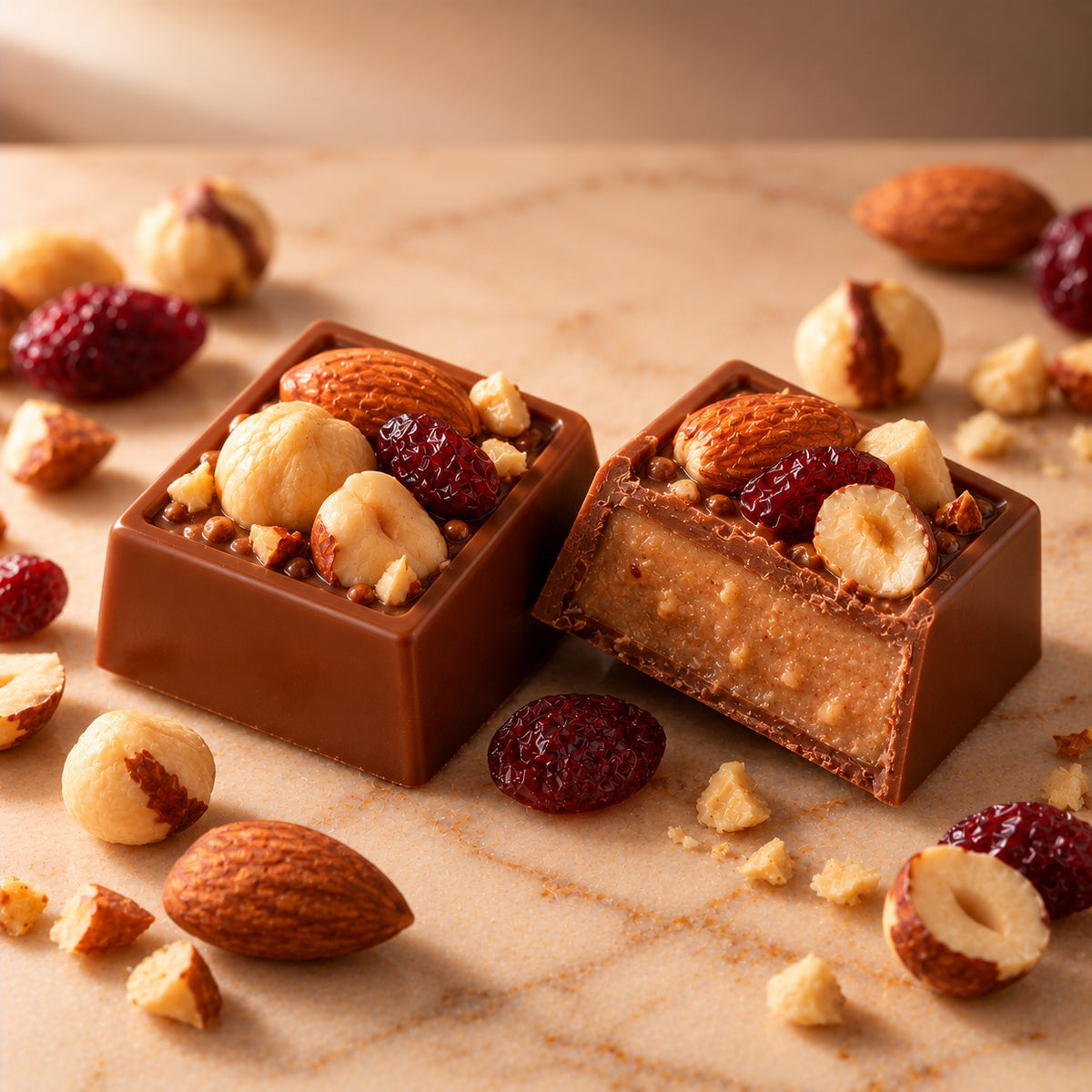 Noire Royale: milk chocolate squares with hazelnut praline and whole hazelnuts