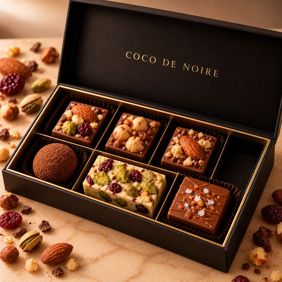 Noire Signature: an open COCO DE NOIRE box of seven assorted chocolates