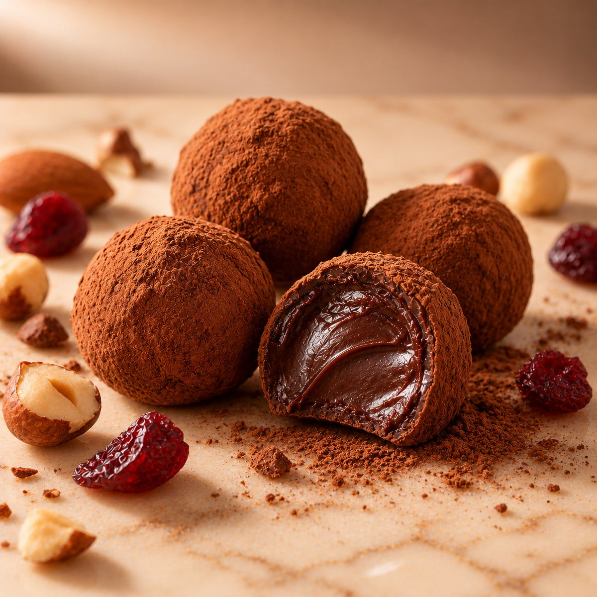 Noire Velvet: cocoa-dusted ganache truffles, one cut open